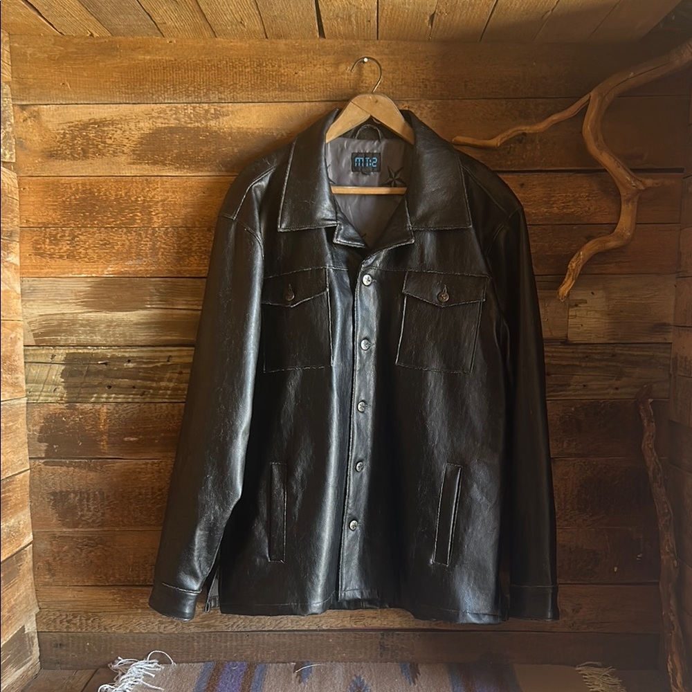 Men's Black Leather Button-Front Bomber Jacket